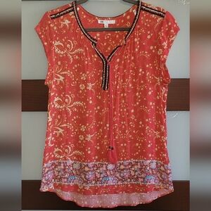 DR2 Coral/Red/Orange Floral Women's Blouse Size Medium